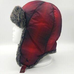 Eddie Bauer red and black plaid trapper hat with fur trim and down fill Size S/M
